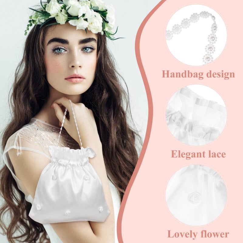 LUOEM Satin Bridal Wedding Money Bag White Bridal Bridesmaid Satin Flower Decorated Bag Handbag with Pearl for Dance Purse Wedding Favor - Image 2